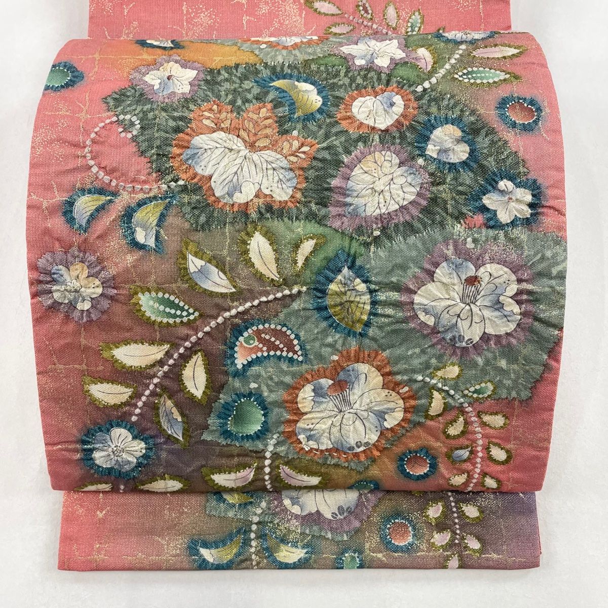袋帯 美品 名品 落款 辻が花 銀糸 箔 ピンク お太鼓柄 正絹 【中古 