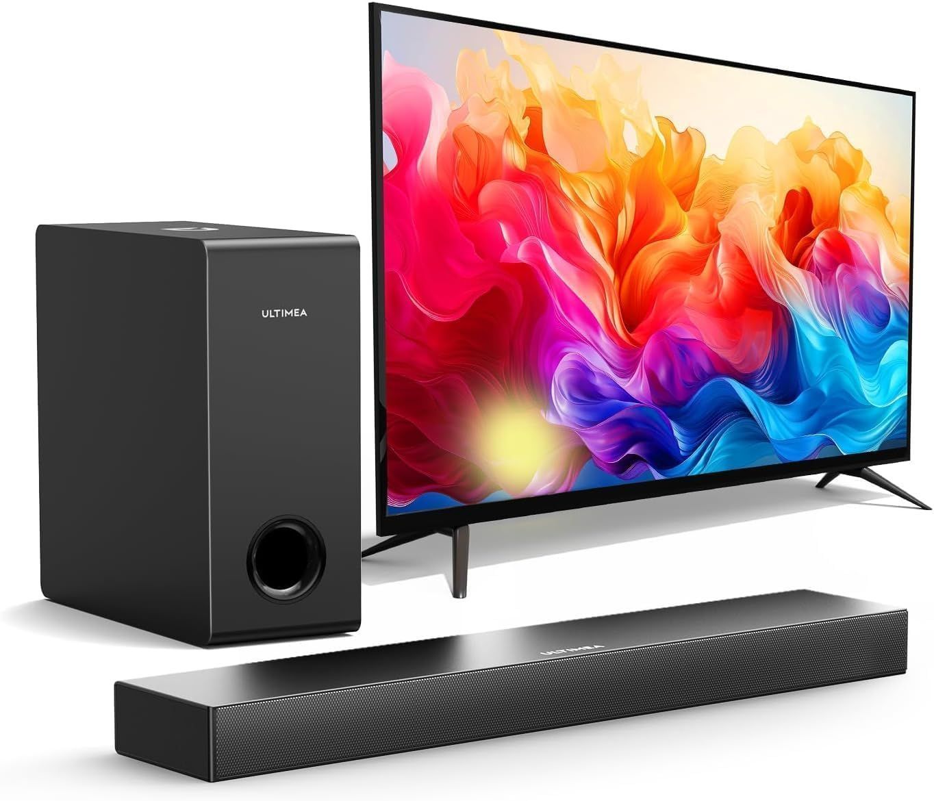 ULTIMEA サウンドバー テレビ用 2.1ch Soundbar テレビスピーカー 超薄い 小型 コンパクト Bluetooth5.3 サブウーファー付き ホームシアター 3Dサラウンド 重低音強化型 TVスピーカー ピーク電力120W HDMI ARC|