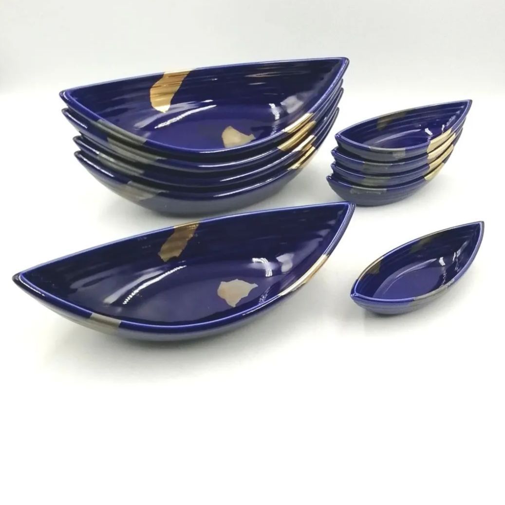 TOSHO　舟型　中鉢　小鉢　２種類　１０個セット　陶器　皿　紺　金　新品未使用　和食器　器　レトロ