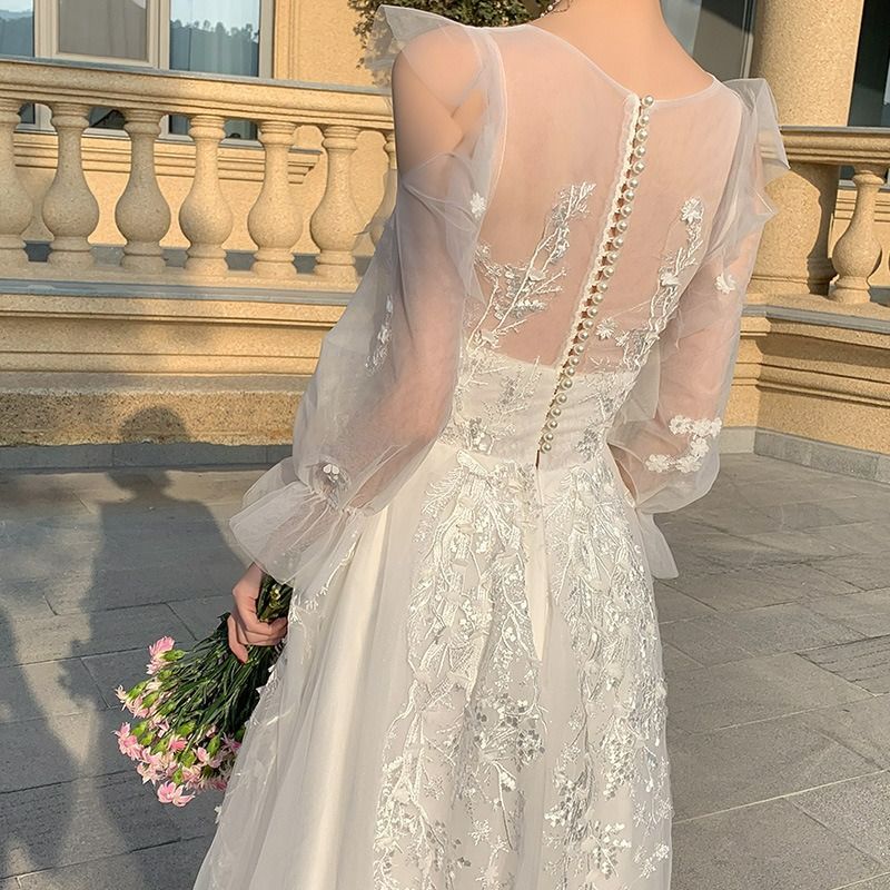 ウェディングドレス 白 フレンチライト 花嫁 ロング丈 フレア