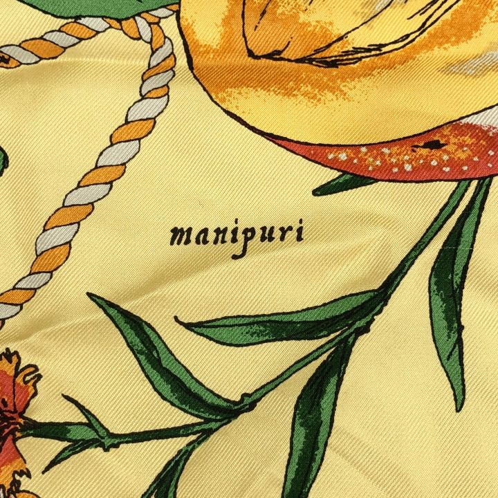 manipuri シルクスカーフ フルーツ柄 花柄 65x65 イエロー 未使用 manipuri シルクスカーフ フルーツ柄 花柄 65x65 イエロー