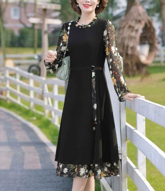 ミセス 花柄ワンピース ワンピドレス 膝下 ミモレ ミモレ丈 袖あり  