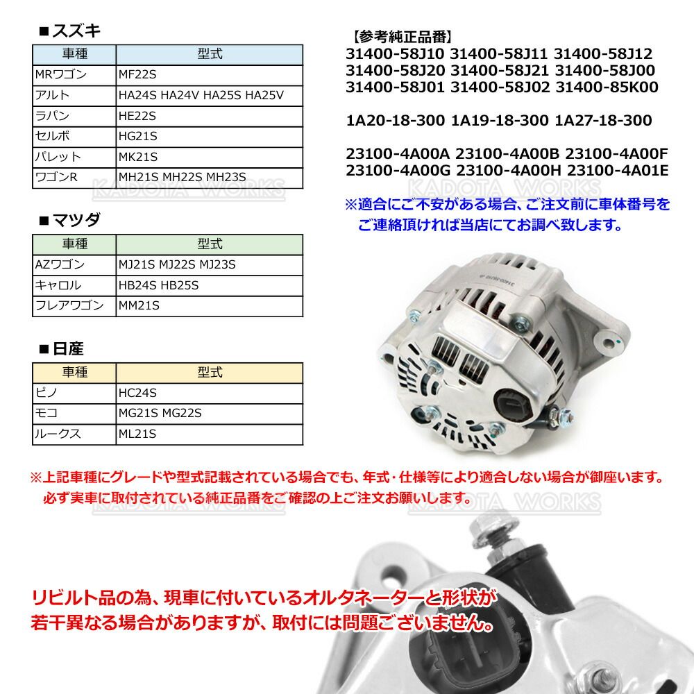 オルタネーター/メーカー：スズキ/メーカー品番：A7T02471B/適合確認いたします！ オルタネーター⁄メーカー：スズキ⁄メーカー品番：A1TA3991B⁄適合確認