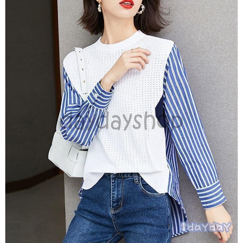 シャツ ストライプ柄 ラウンドネック 袖ボタン 食事会 大人可愛い お出かけ ママ フェミニン かわいい デート 大人カジュアル ディナー 定番 シャツ ストライプ柄 ラウンドネック 袖ボタン 食事会 大人