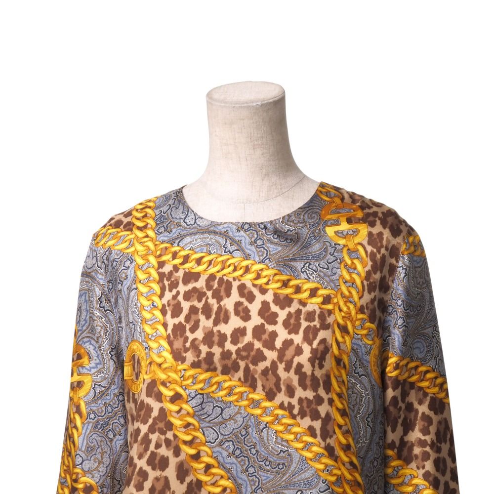 OLD CELINE セリーヌ ヴィンテージ ブラウス サイズ38 総シルク スカーフ柄 ペイズリー チェーン レオパード 総柄 マカダムボタン 長袖 シャツ ブランド古着 RA 6266