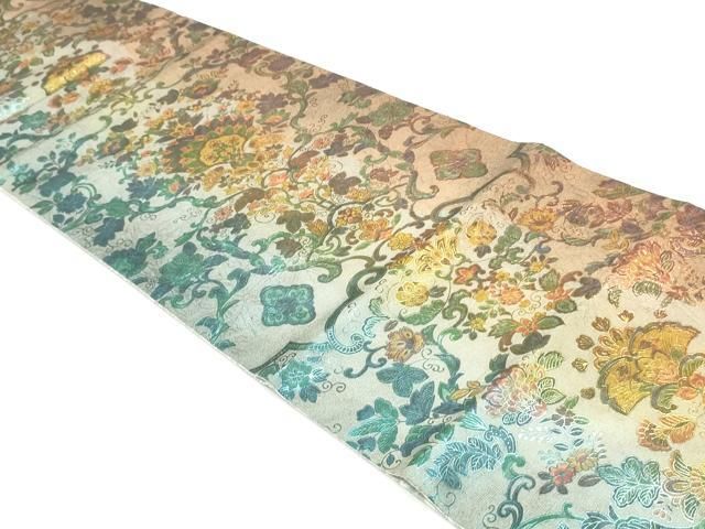 平和屋着物○両面 六通柄袋帯 紬地 更紗花唐草文 金彩 正絹 逸品