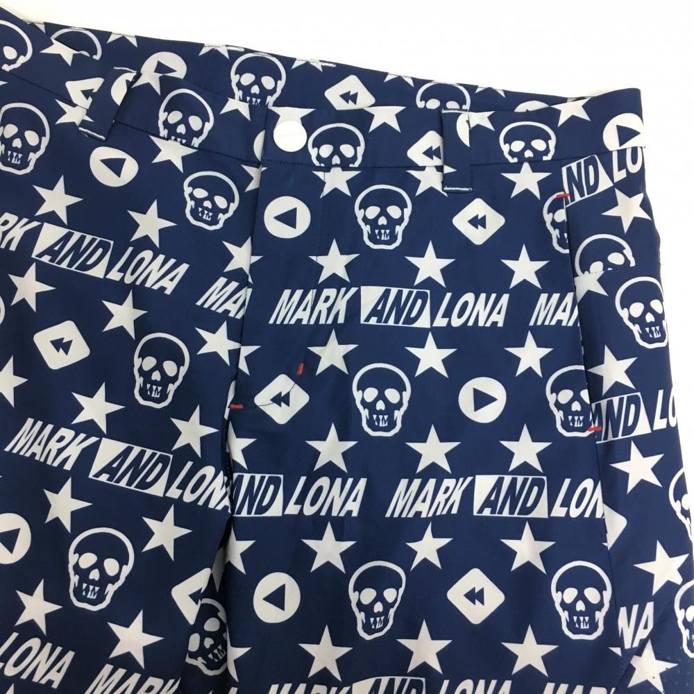 美品】マークアンドロナ ハーフパンツ ネイビー×白 ロゴ総柄