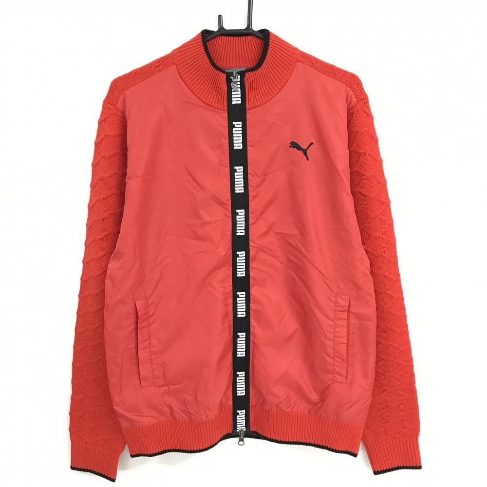 プーマ ニットジャケット レッド×黒 前身頃切替 ジップロゴ ブルゾン メンズ L ゴルフウェア PUMA