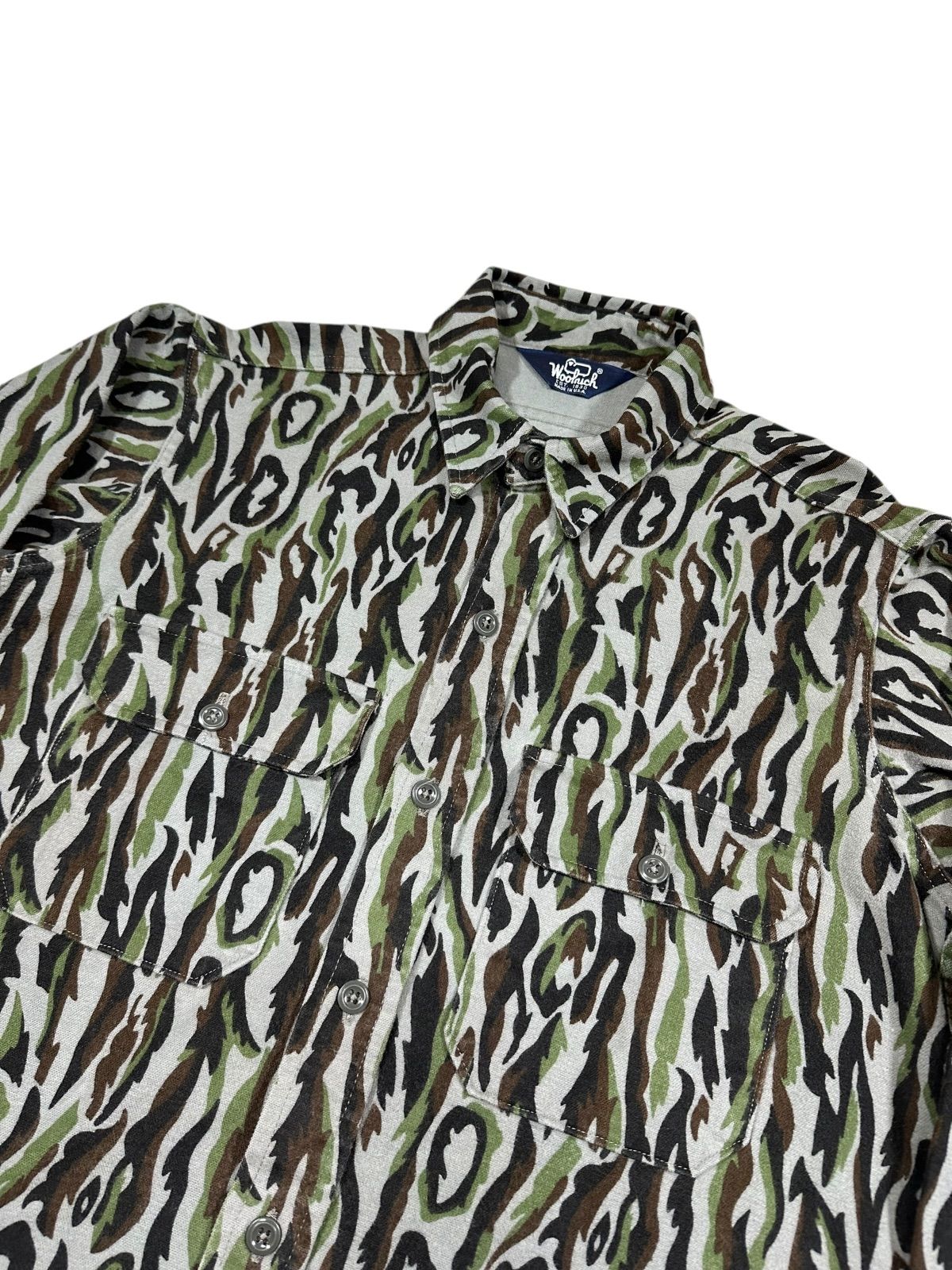 トップス 80s Woolrich Flame camo wool shirt Vintage Woolrich ORANGE Duck Camo Button Down Long Sleeve