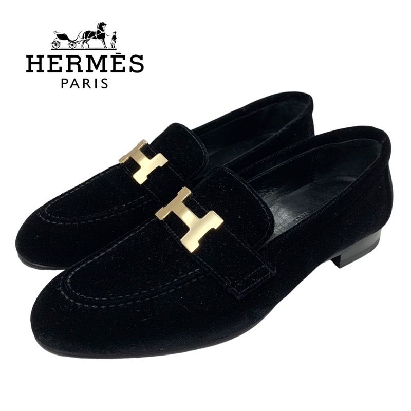 エルメス HERMES パリ ローファー 革靴 モカシン フラットシューズ H金具 靴 シューズ ベロア ブラック 黒 - メルカリ