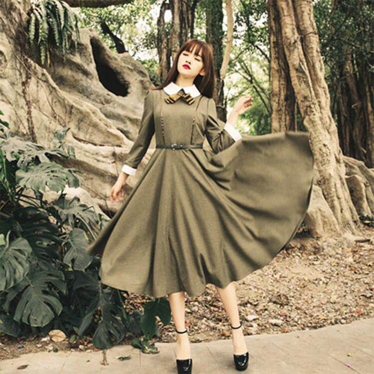 リボン付き リボン付き 長袖 レトロ フレアワンピース ロング