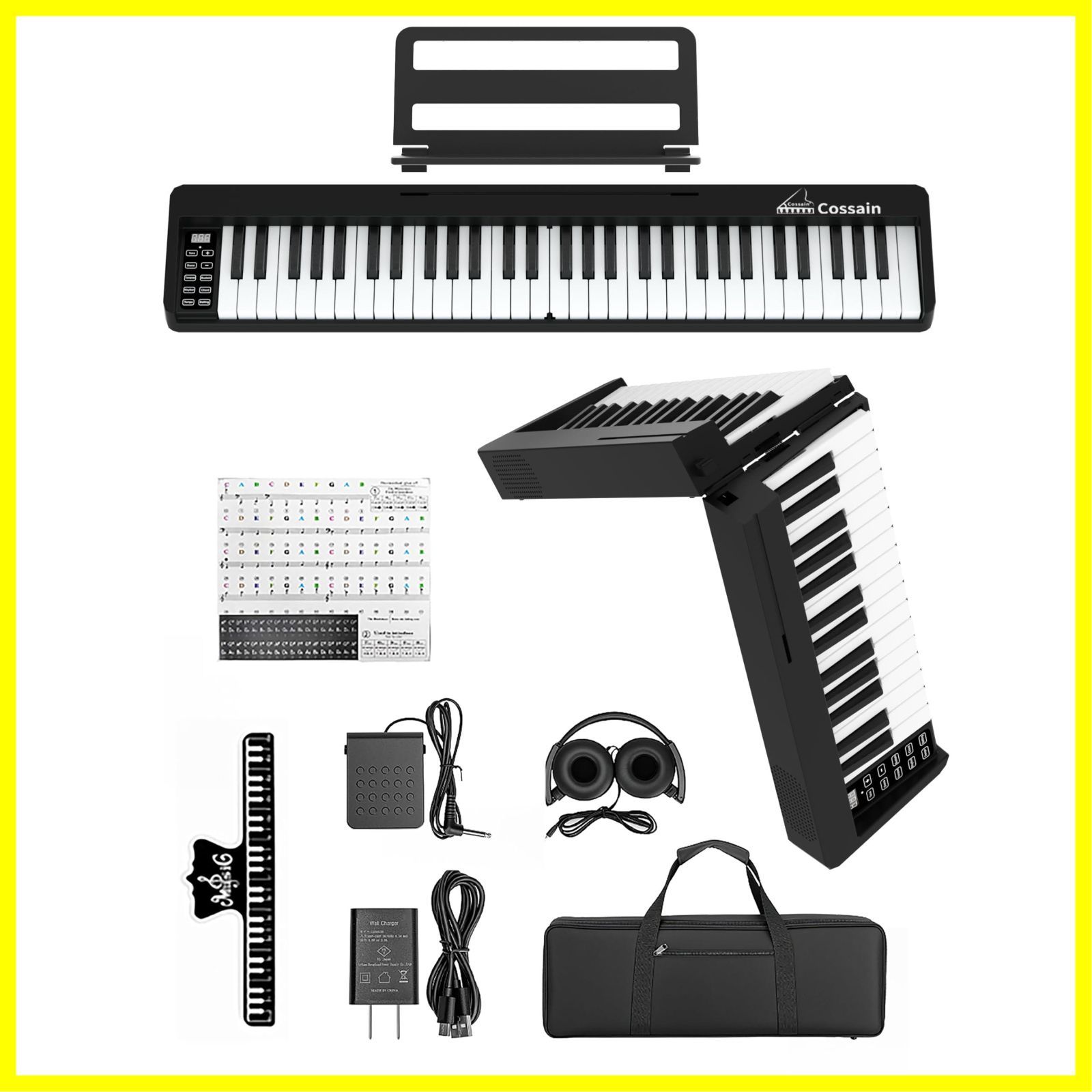 【人気商品】61鍵盤 電子ピアノ 折り畳み式 初心者セット BX-18 ワイヤレスmidi対応 電子ピアノ 練習 Cossain (コンパクト 黑)