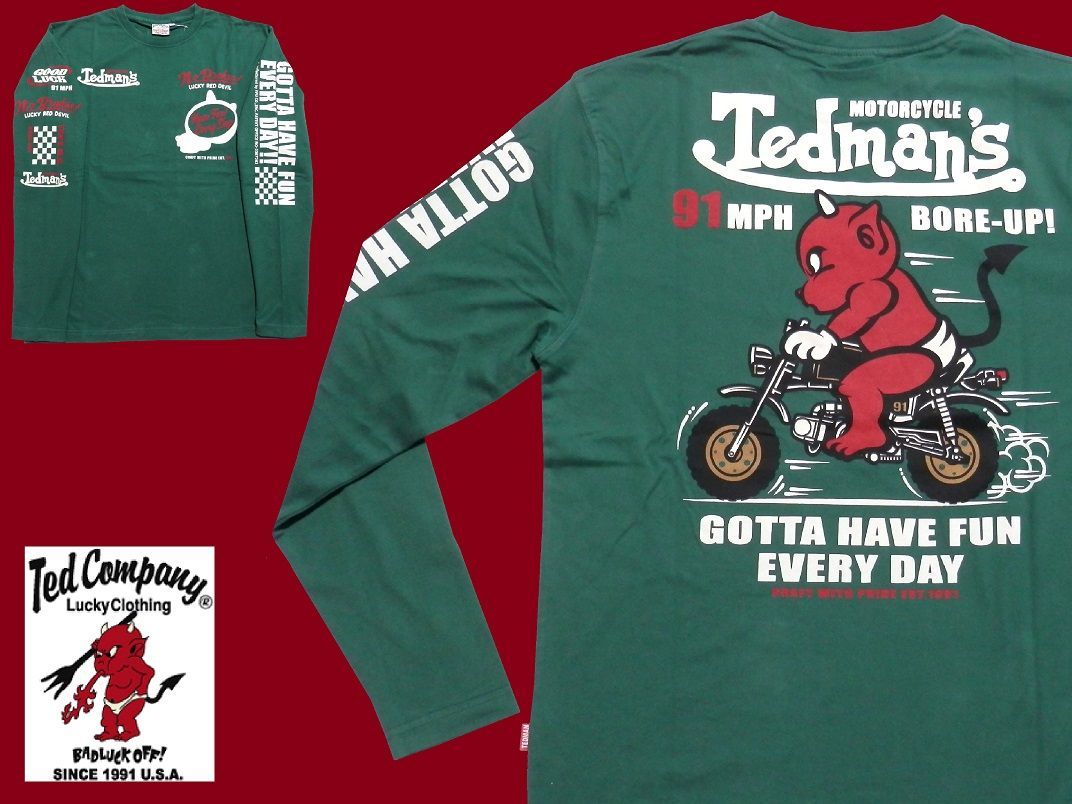 テッドマン／TEDMAN／XLサイズ／長袖Ｔシャツ／TDLS-365／グリーン／エフ商会／新品／送料無料／アメカジ／バイカー