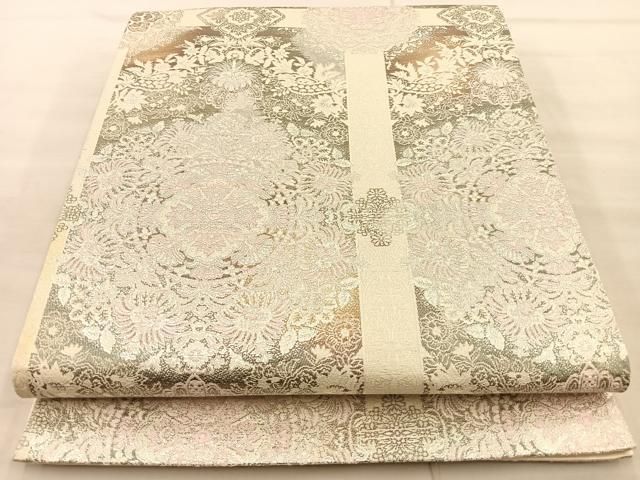 A 純プラチナ箔 オリエント更紗 正倉院華文 銀糸 六通 正絹 フォーマルな袋帯 A 純プラチナ箔 オリエント更紗 正倉院華文 銀糸 六通 正絹 フォーマルな
