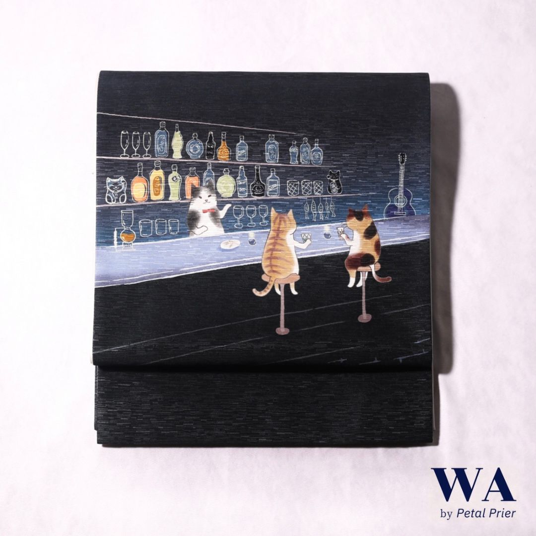 ワッカの帯　猫BAR ワッカの帯 猫BAR WAKKA 京袋帯 名古屋帯 作り帯 猫柄 ねこ酒