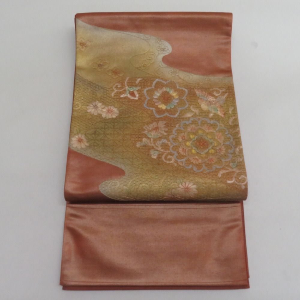 西陣織 袋帯 西陣織 証紙付き 蘇州刺繍 スワトウ刺繍 流水に菊や華紋文様 茶色ｘゴールド色 お太鼓柄 正絹 長さ424cm