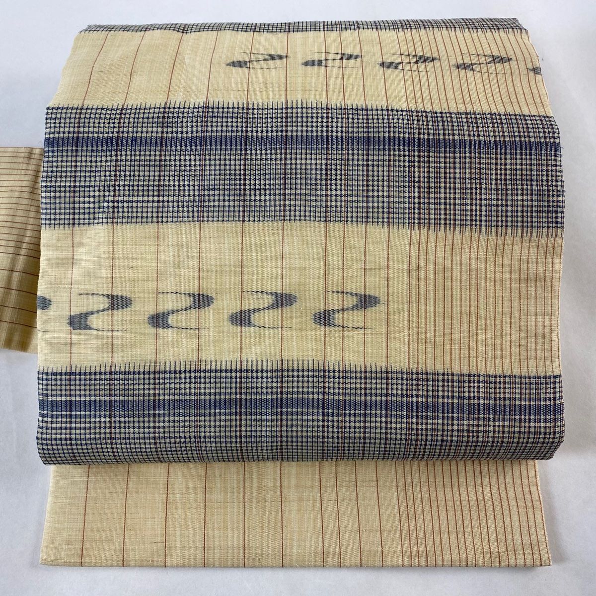 名古屋帯 美品 逸品 証紙 八重山上布 縞 流水 ベージュ 麻 【中古 