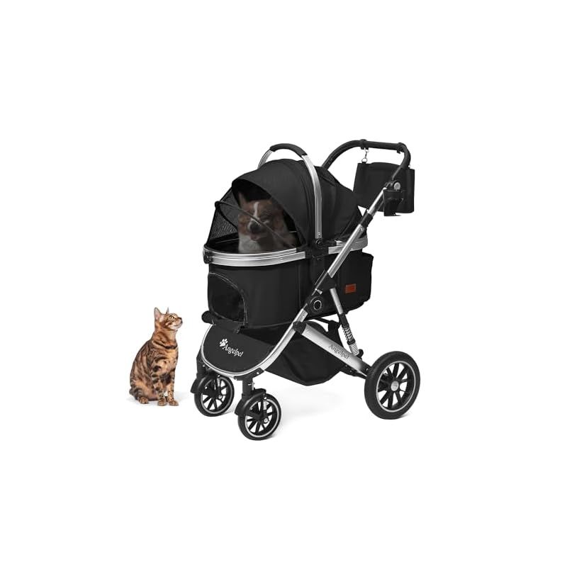Angelpet ペットカート 分離型 犬用 バギー いぬ用 4輪 前輪360°回転 後輪ブレーキ付き 組み立て簡単 コンパクト 折りたたみ式 耐荷重25Kg 猫 小型犬多頭 中型犬 分離型ドッグカートカート用バッグ付き 特典 ブラック 1