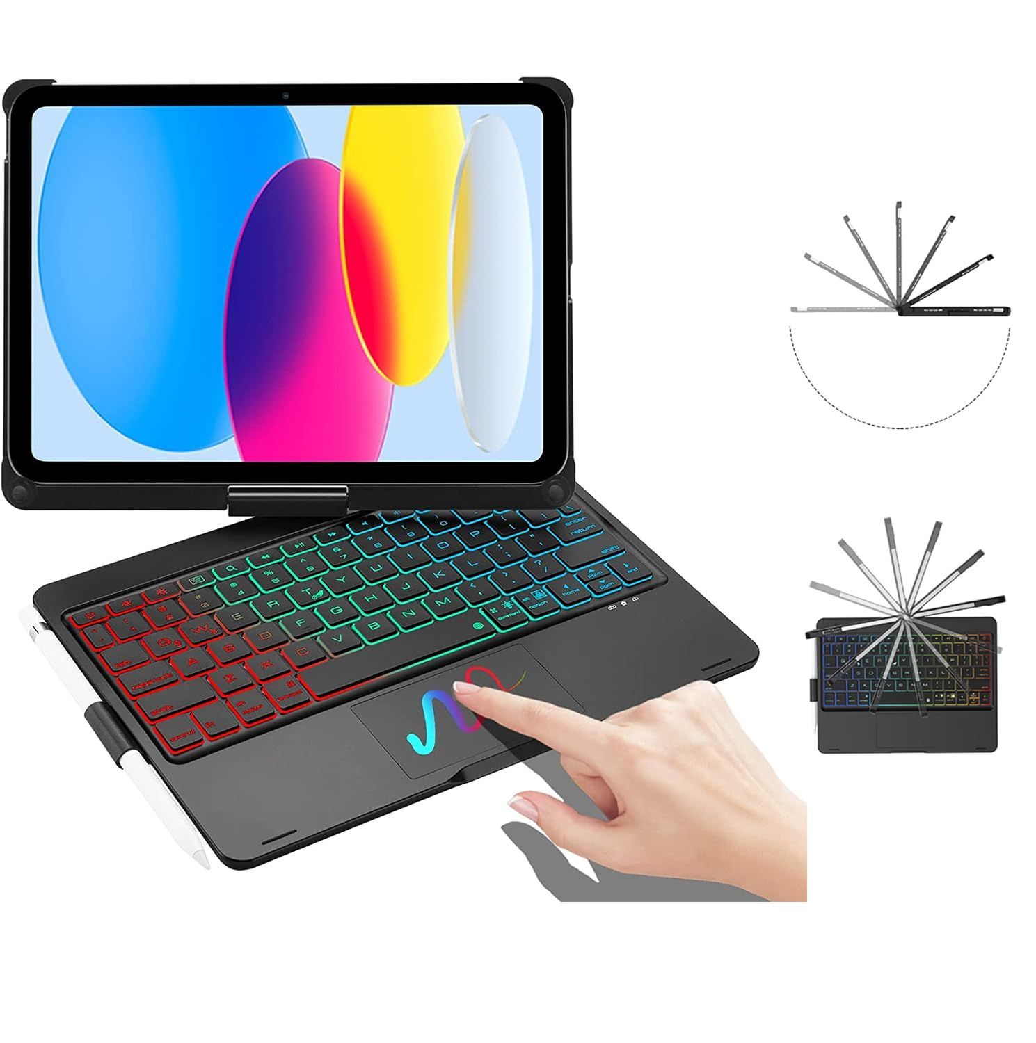 数量 キーボードカバー keyboard Bluetooth 多角度調整 ワイヤレス 7色バックライト 360度回転式180o裏返すスタンドタッチパッド付き Pencil 10.9インチ キーボード 収納 10世代 ipad