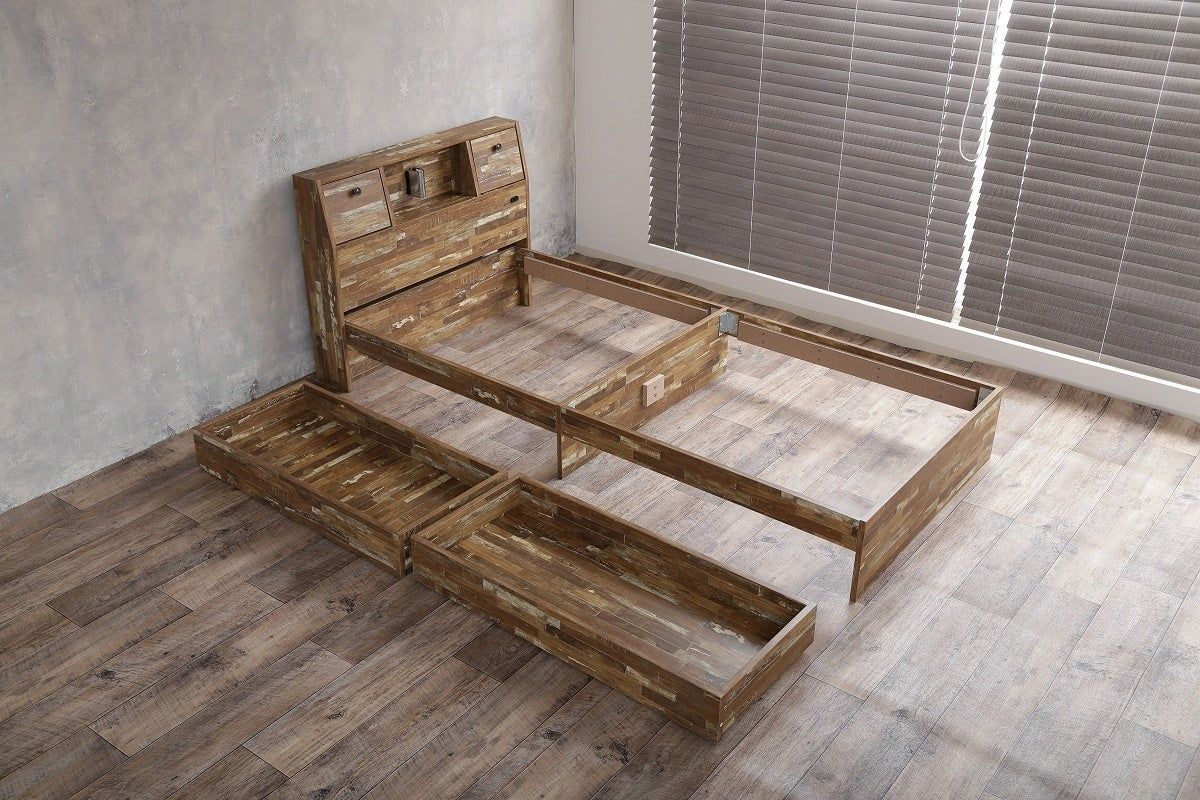 【シングル】寄木柄引出し付ベッド 【超高密度ハイグレードポケットコイル】