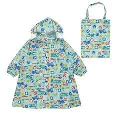 [kids foret] レインコート キッズ 子供 男の子 通園 通学 ランドセル対応 撥水加工 恐竜 働く車 収納バッグ (GR， L) [GR 働く車グリーン] [L]