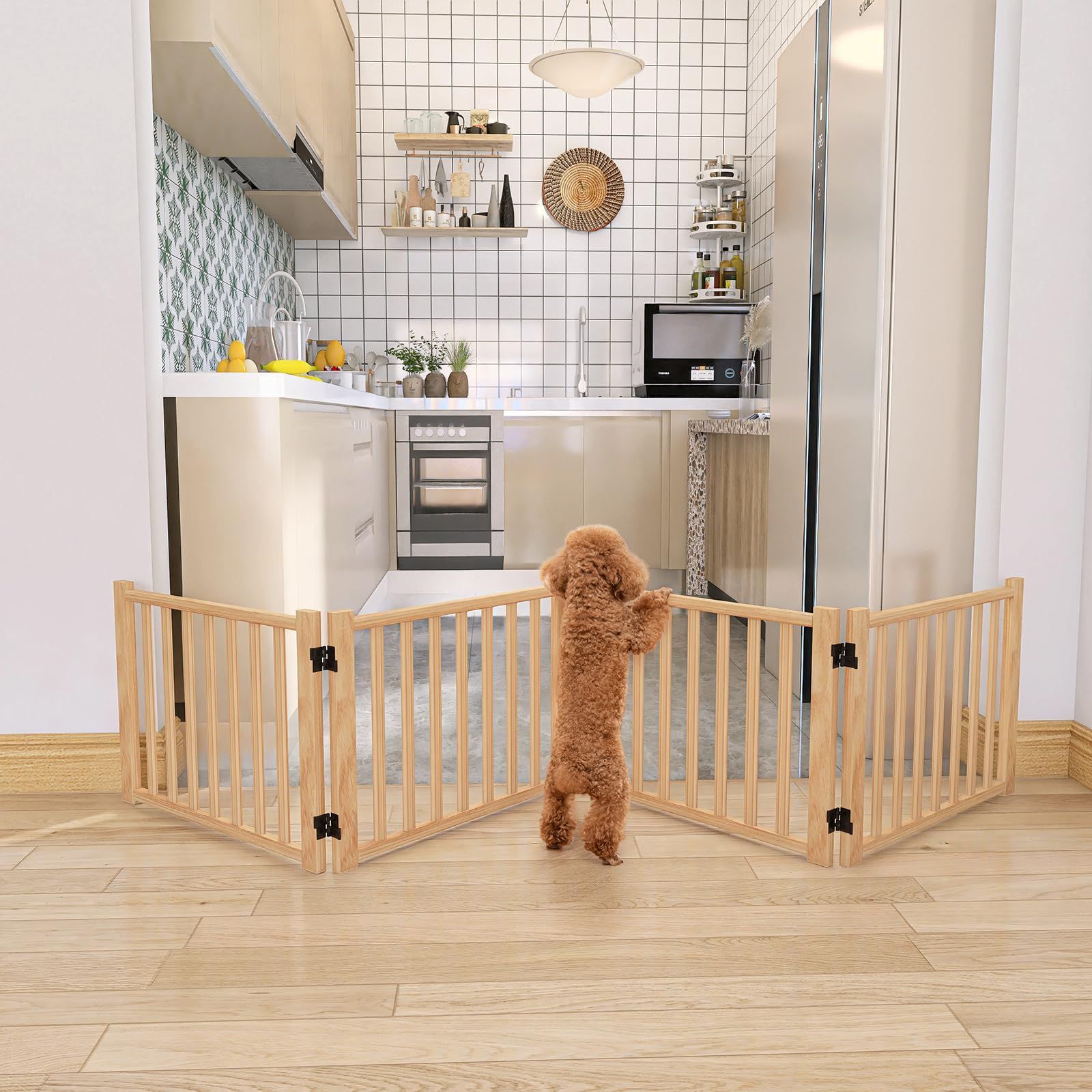 商品 ペットゲート 木製犬ゲート YOCAN ペットフェンス 高さ43cm 長さ234cm 置くだけゲート折りたたみ 倒れない いぬ 柵 室内 犬脱走防止 飛び出し防止 小型犬 中型犬用 天然木 4枚パネル