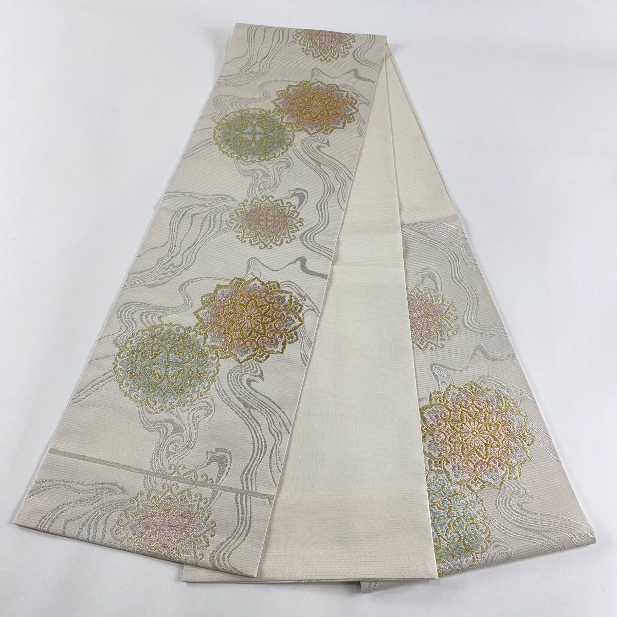 袋帯 美品 名品 川島織物 落款 夏帯 絽 華文 流水 金銀糸 クリーム 六 
