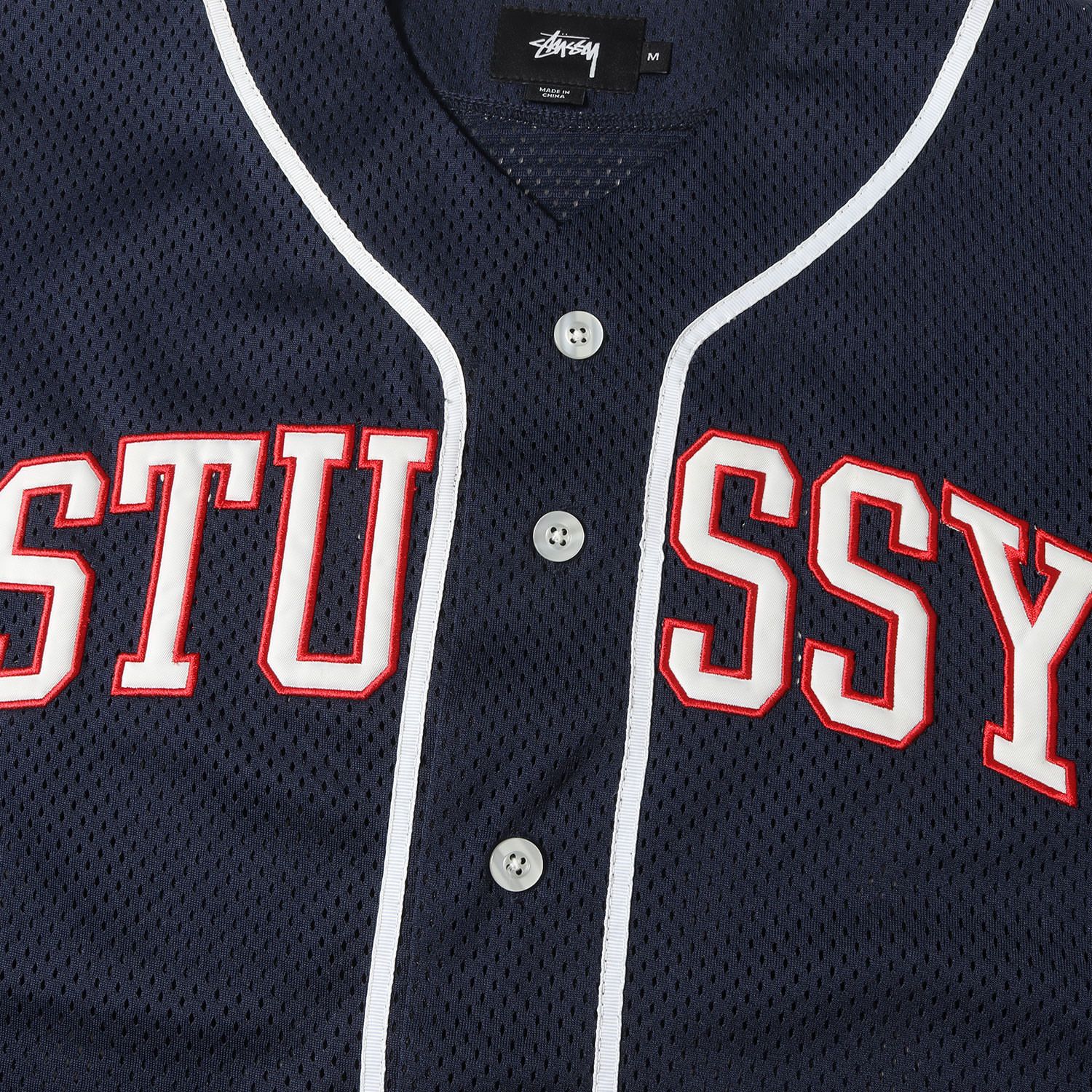 STUSSY メッシュ ベースボールシャツ XL ネイビー STUSSY ステューシー シャツ サイズ:M アーチロゴ メッシュ