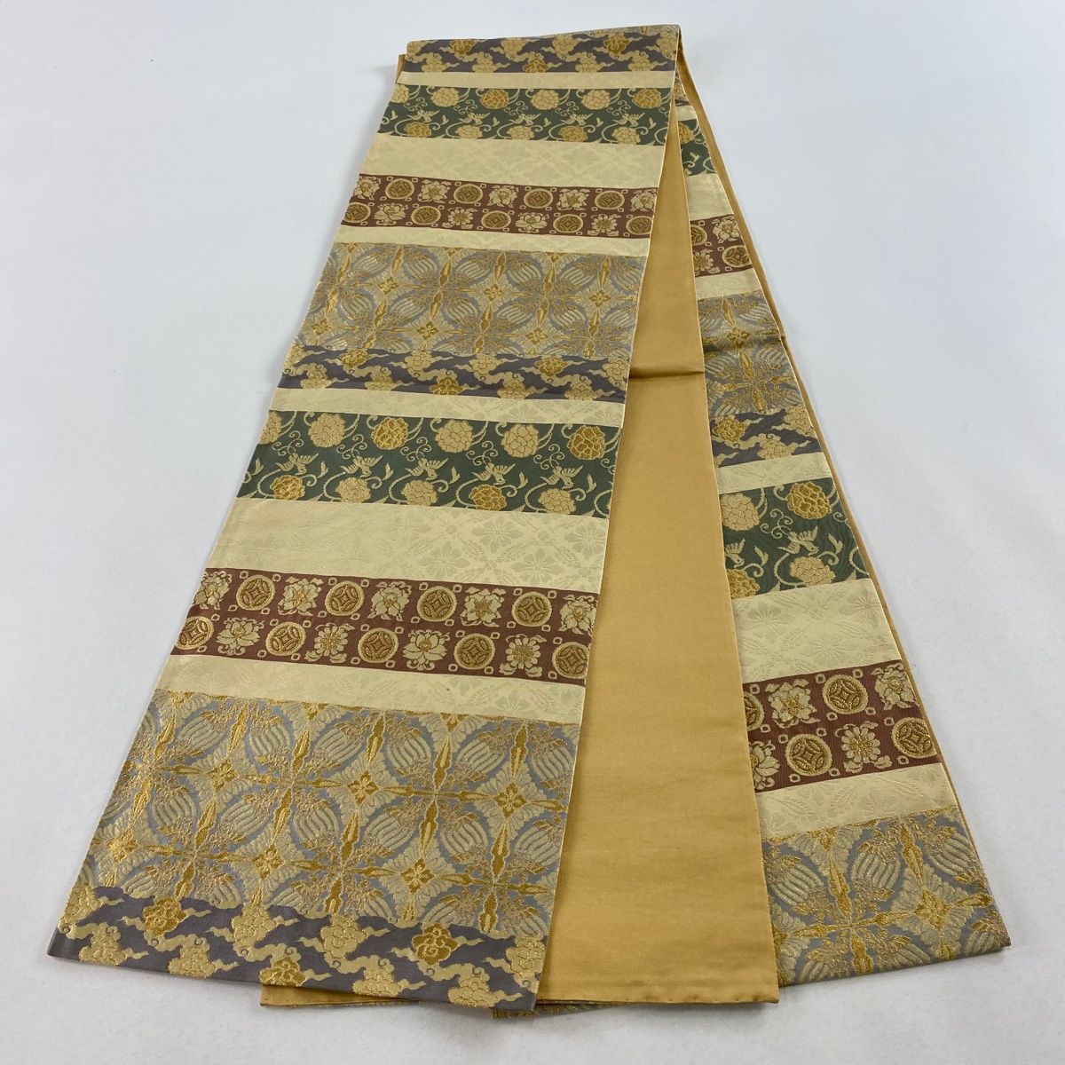 袋帯 美品 秀品 段縞 草花 金糸 ベージュ 全通 正絹 【中古