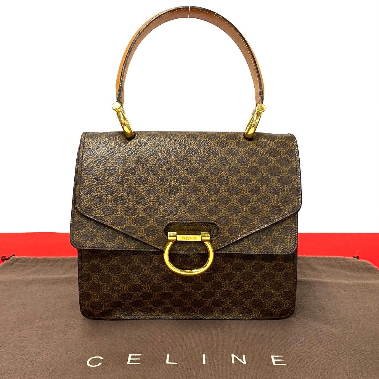 極 美品 CELINE セリーヌ ヴィンテージ マカダム ブラゾン 柄 ガンチーニ 金具 ダブルフラップ レザー 本革 ハンドバッグ ブラウン  17280 - メルカリ