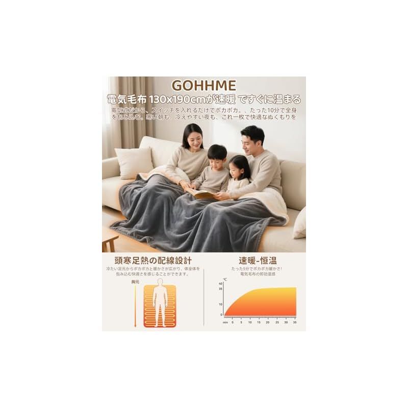 GOHHME 電気毛布 掛け敷き兼用 190×130cm 電気毛布 掛け 大きめサイズ＆10段階温度調整＆ 9つタイマー機能 電気ひざ掛け 恒温加熱 電気ブランケット フランネル ふわふわ 丸洗い可 5分速暖 膝掛け ソファ ブランケット過熱保護 0