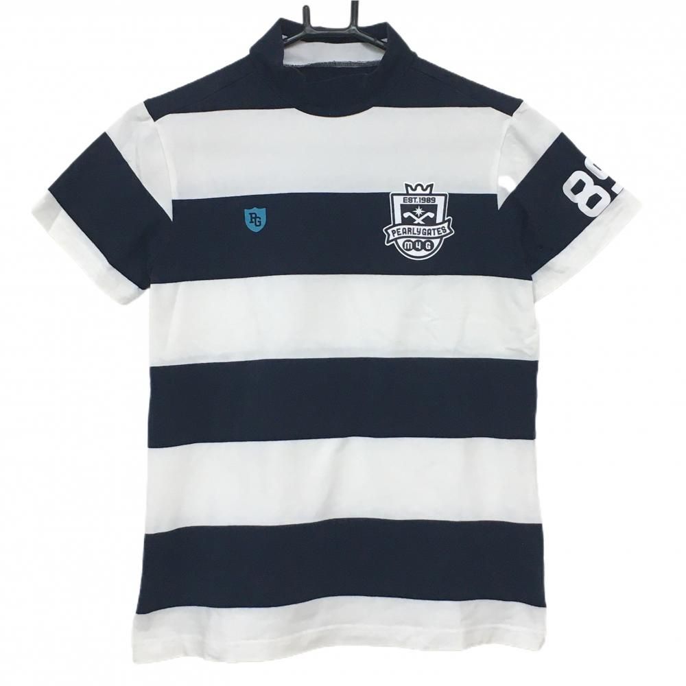 パーリーゲイツ 半袖ハイネックシャツ ネイビー×白 コットン混 ロゴ