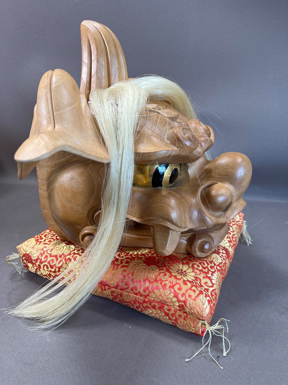 希少・美品】井波彫刻 伝統工芸士 荒井寿斉作 『木彫 獅子頭』 共箱