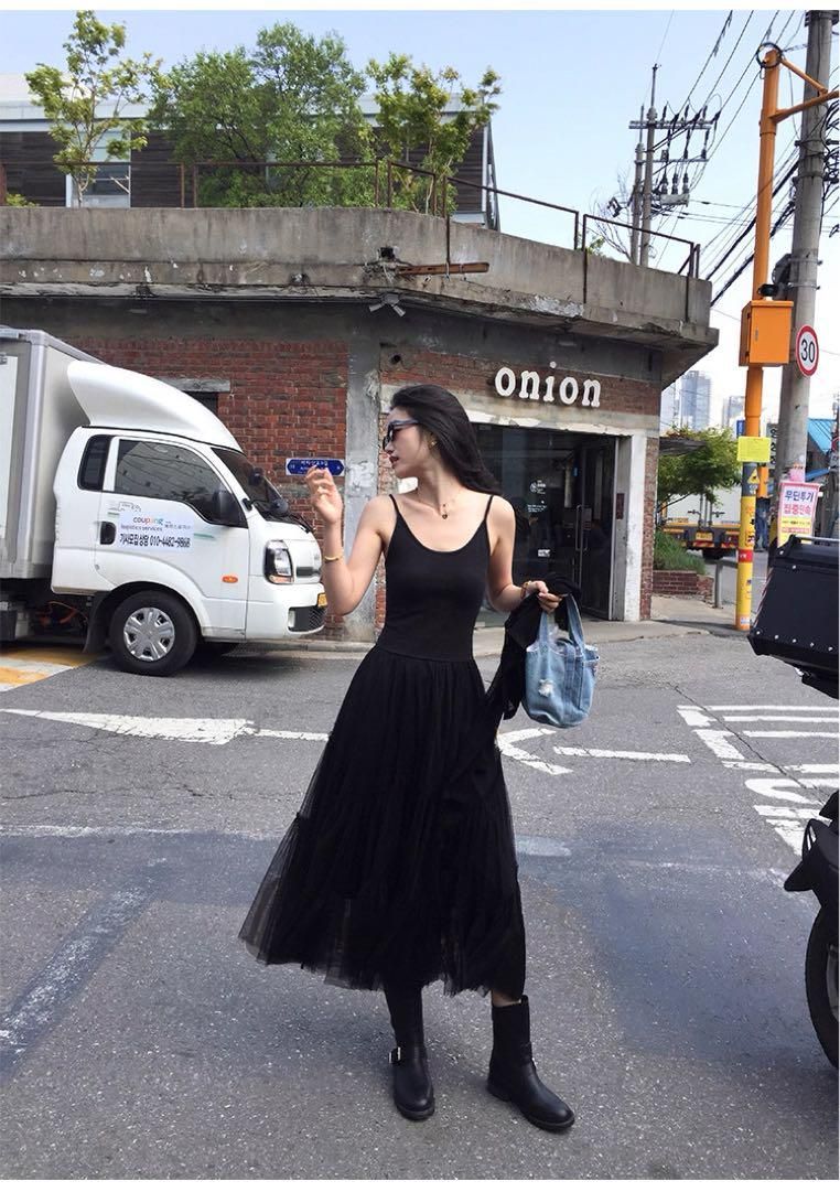 夏秋 韓国風ハイウエストロングワンピースレースキャミソールメッシュチュールドレス