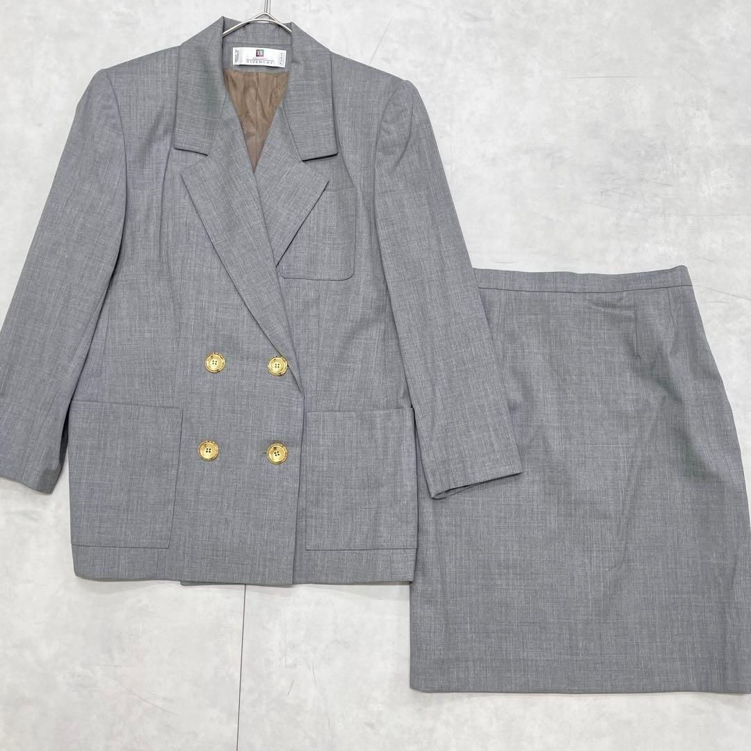 GIVENCHY ジバンシー フランス製 セットアップ 金ボタン ダブル ジャケット スカート 2点セット グレー ヴィンテージ 42
