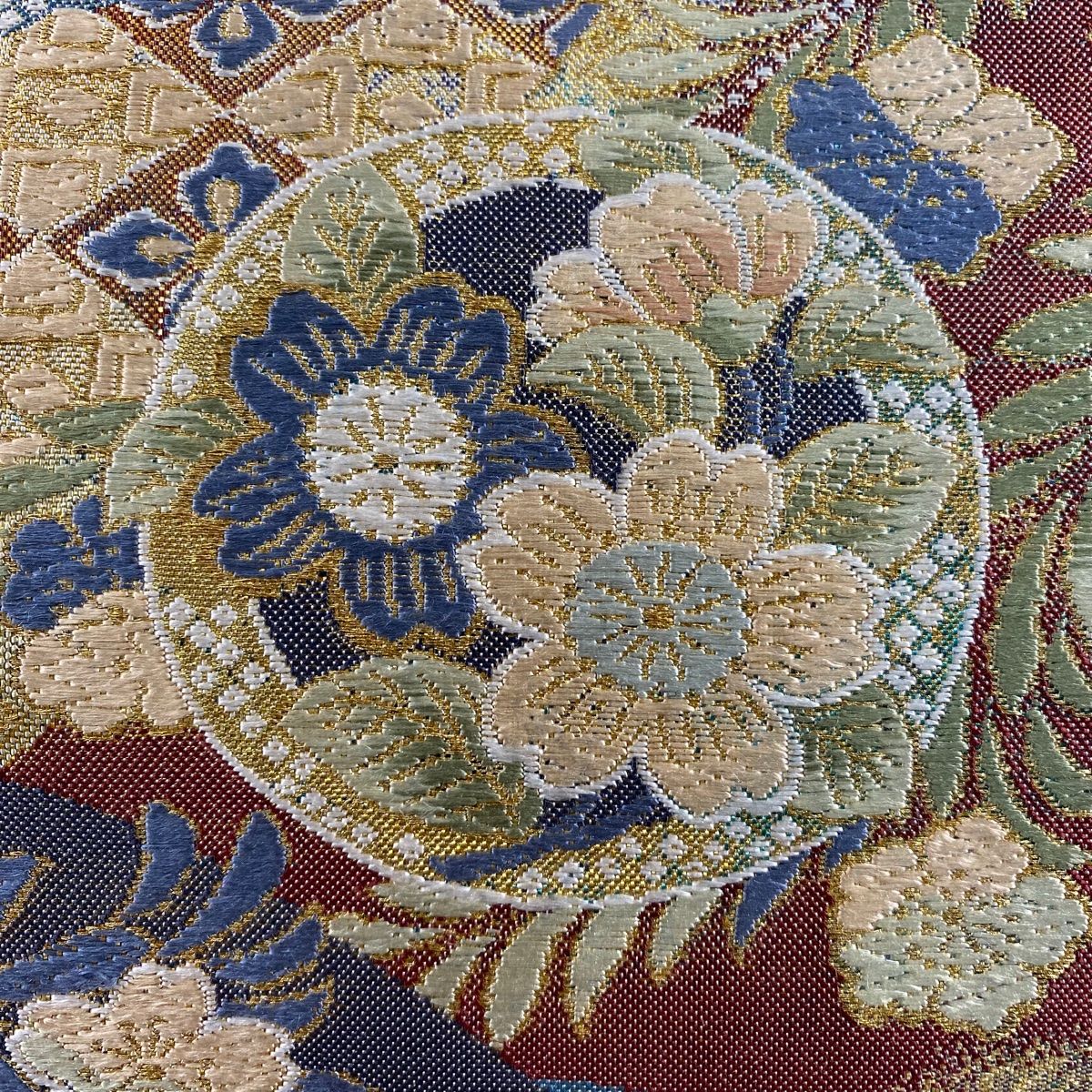 袋帯 秀品 草花 扇 金糸 箔 青灰色 六通 正絹