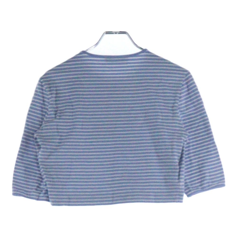 PRADA プラダ 23SS ボーダー総柄 トライアングルロゴプレート クルーネック 五分袖 クロップド ショート丈 Tシャツ カットソー トップス ブルー レディース 39578