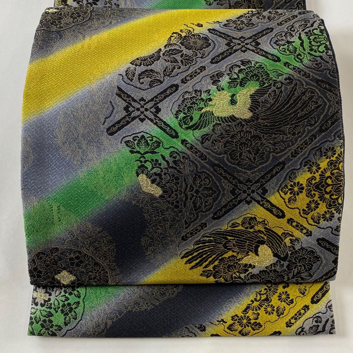 袋帯 美品 逸品 前田仁仙 落款 格天井 花鳥 金糸 濃紺 全通 正絹 