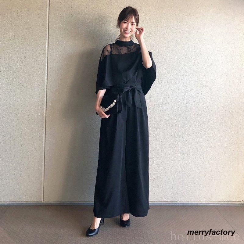 ドレススーツセットワイドパンツケープレース春夏秋パーティードレス
