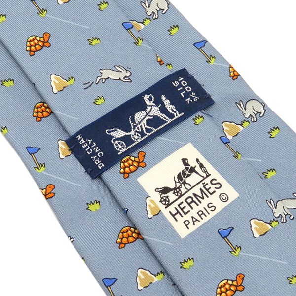 エルメス HERMES ネクタイ ウサギとカメ 9cm シルク グレー×マルチ