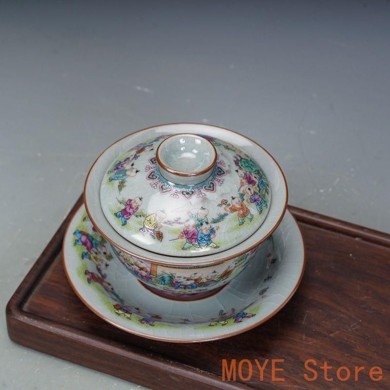 景徳鎮 陶磁器 百子図三才蓋碗 茶碗 茶道具 煎茶器 新品未使用