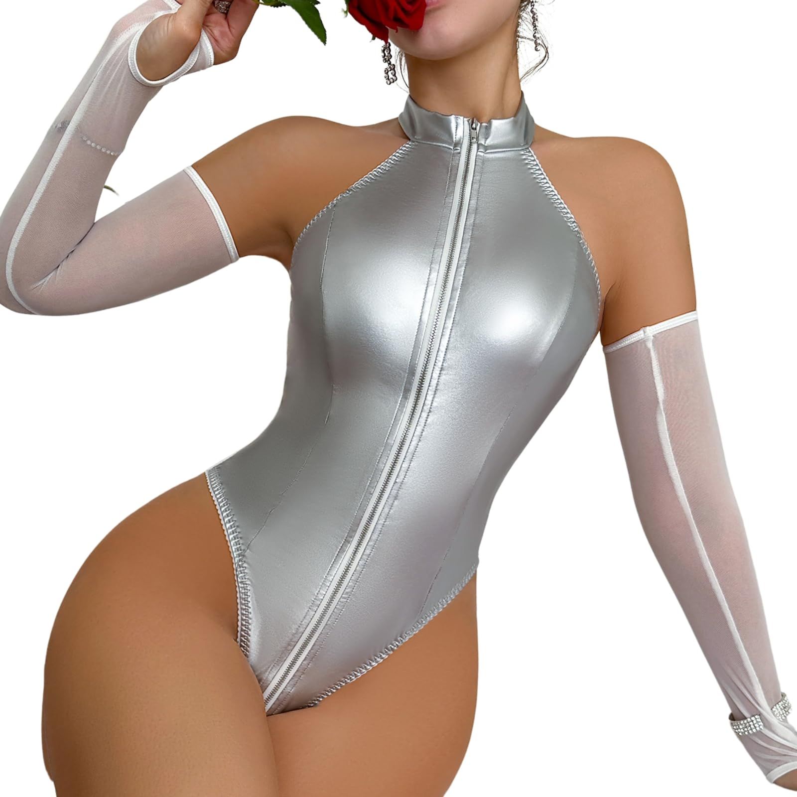[nonnn.store] ボディスーツ アームカバー付き 穴あき セクシー コスプレ 光沢 透け コスチューム レオタード シースルーメッシュ フロント ジッパー レースクイーン 銀 シルバー S サイズ [シル