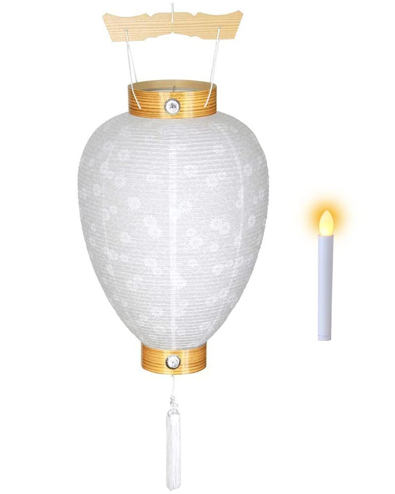 高さ49cm×幅（火袋直径）28cm 初盆用 LED電池ローソク灯付 岐阜提灯 白紋天 柾 相極 No.30 盆提灯