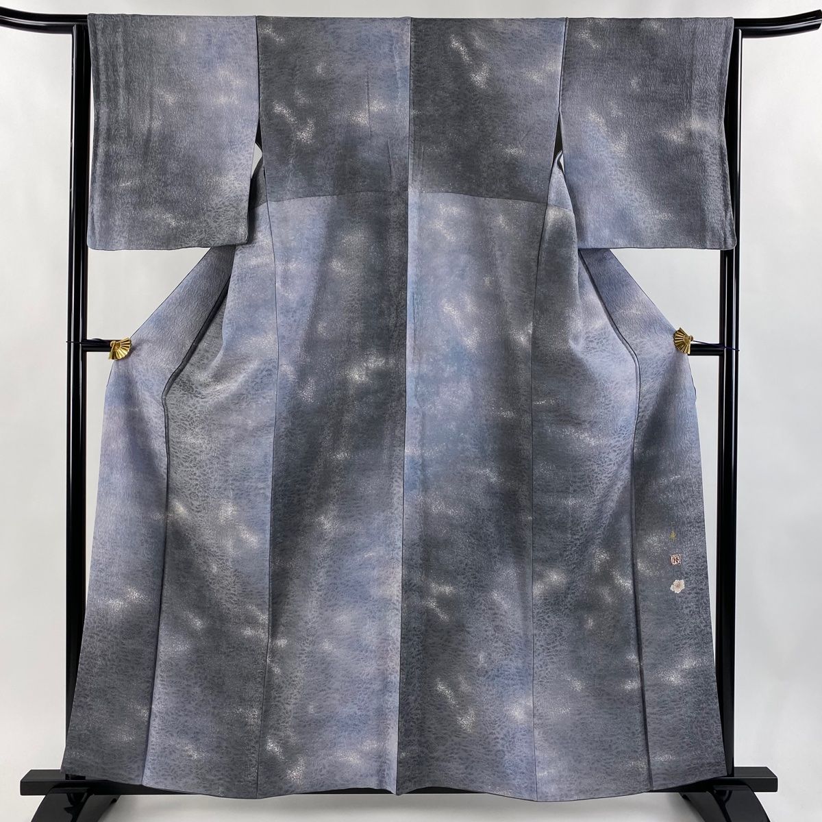 小紋 身丈159cm 裄丈65cm M 袷 吉乃一廉 落款 地紋 幾何学模様 銀通し ぼかし 灰紫 正絹 一つ紋