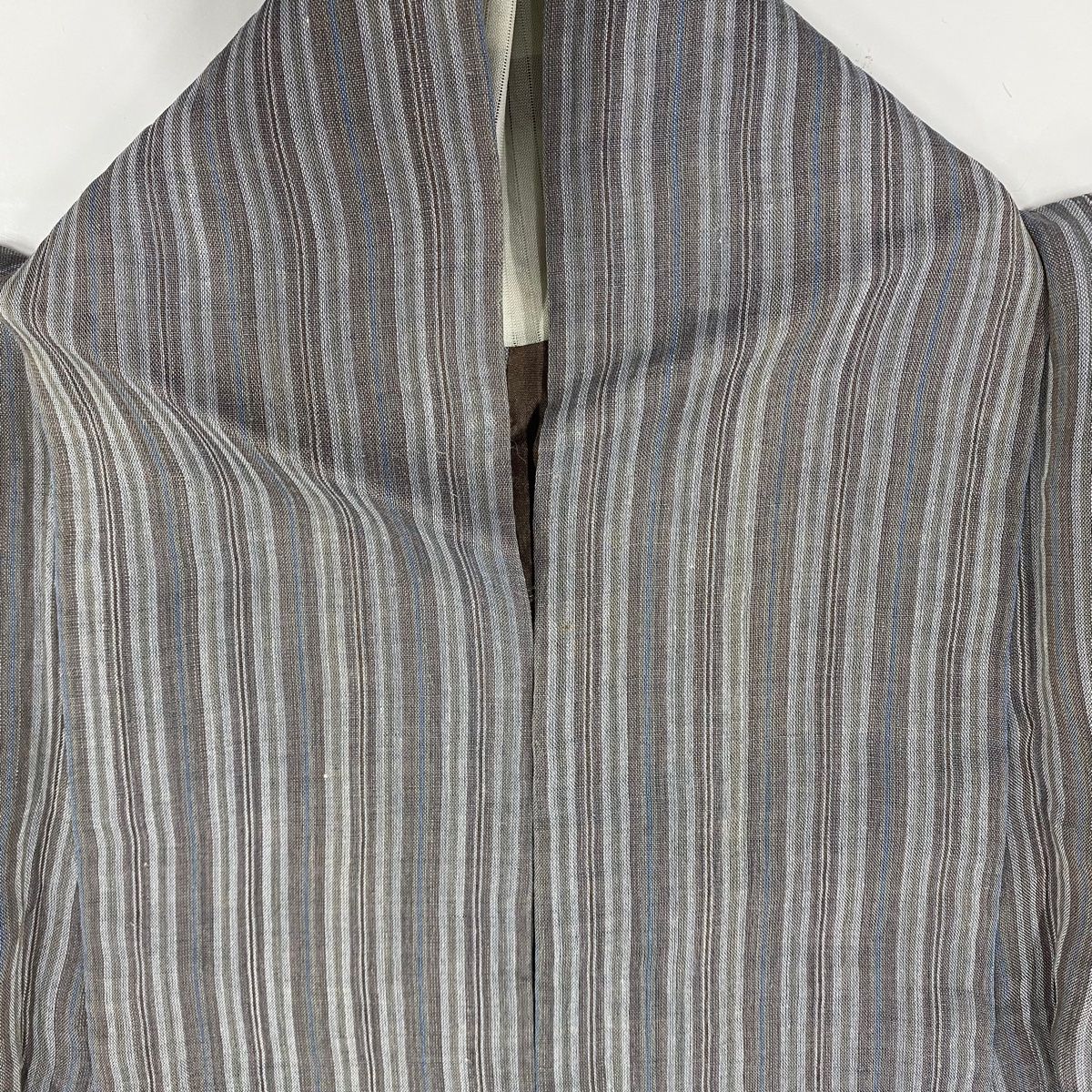 紬 身丈152cm 裄丈62.5cm S 薄物 小千谷縮 証紙 縞 灰紫 麻 美品 名品  