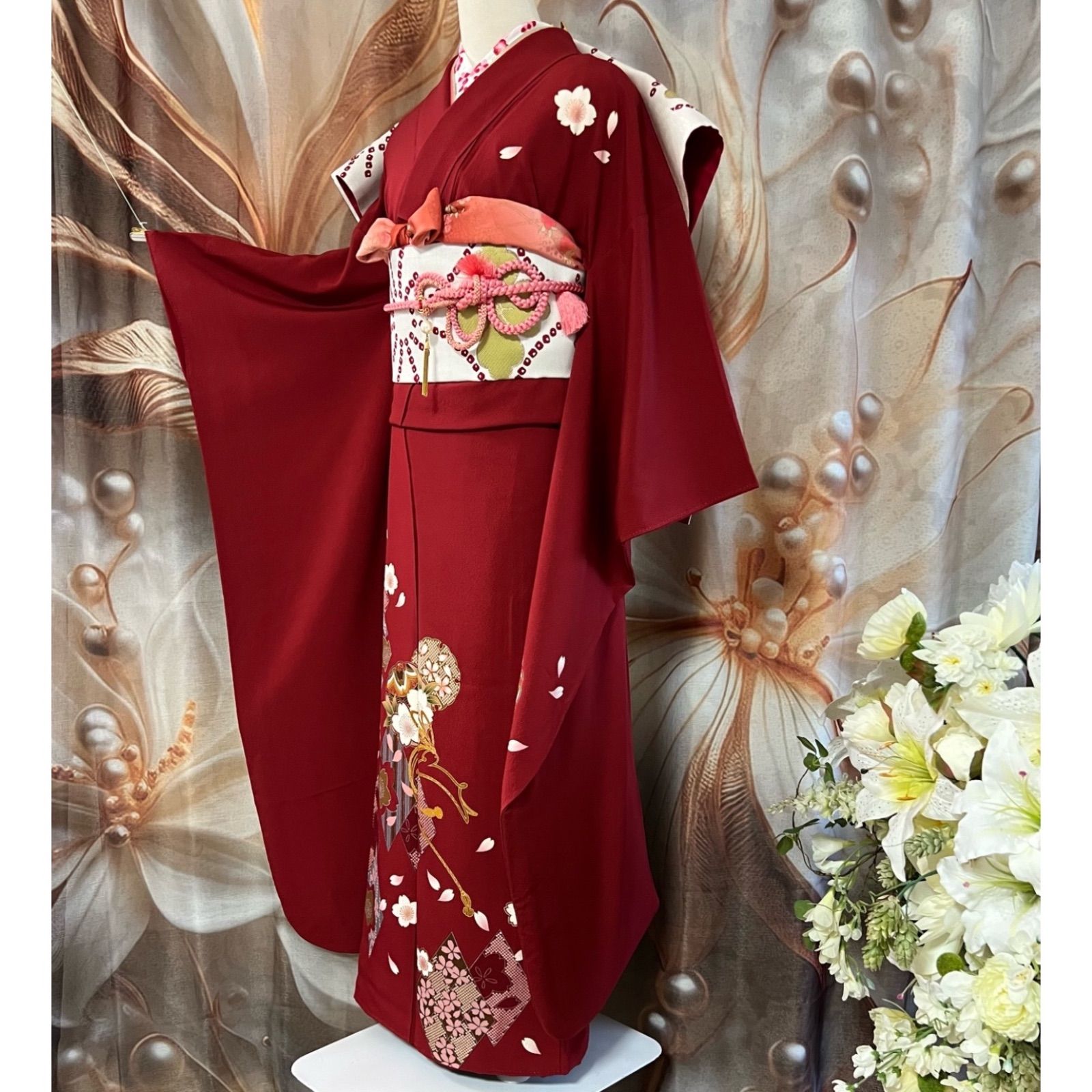 深赤 花柄刺繍 振袖 新品着付け用小物一式 暗赤 美品 成人式