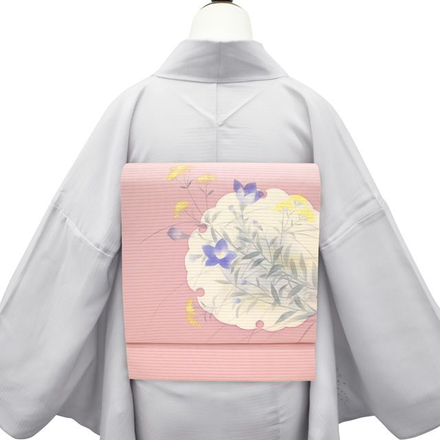 夏物 名古屋帯 リサイクル 正絹 絽 九寸 手描き 金銀彩加工 ピンク 雪輪 桔梗 女郎花 花 カジュアル 中古 仕立て上がり みやがわ sb54282 中古】 夏物 名古屋帯 リサイクル 正絹 絽 九寸 手描き 金銀彩加工