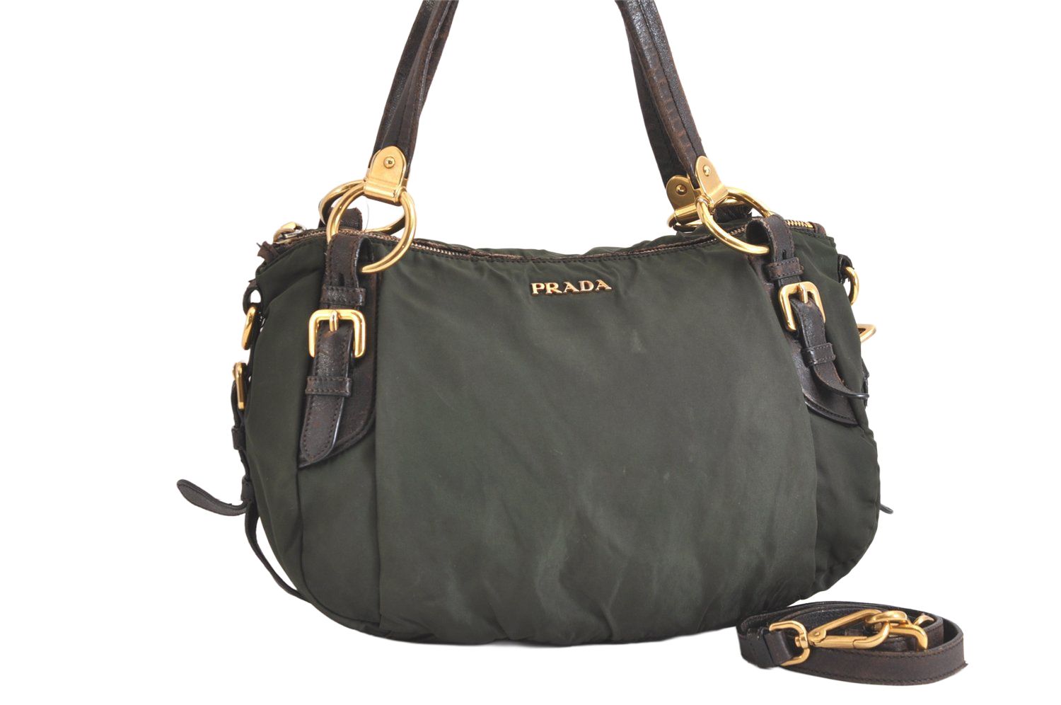 PRADA プラダ ヴィンテージ ナイロン レザー 2Way ショルダーハンドバッグ カーキ グリーン 2782N