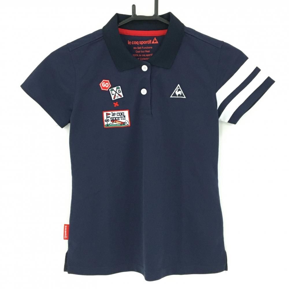 美品】パーリーゲイツ 半袖ポロシャツ ネイビー 胸プリント レディース