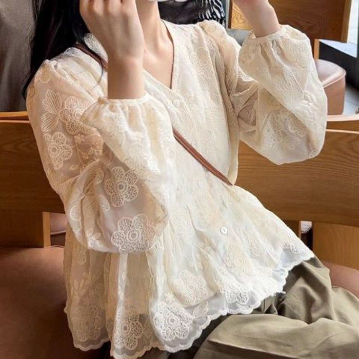 ブラウス レディース 長袖ブラウス 秋服 オフィスブラウス レース オシャレブラウス パフスリーブトップス 韓国風 大人 通勤OL ゆったりシャツ 40代 30代 50代 長袖ブラウス ブラウス レディース 春 秋 冬 レース Vネック